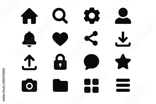 Collection of 16 minimalist black icons for interface design and navigation