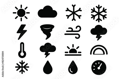 Weather icons: sun, cloud, snowflake, lightning, tornado, wind, thermometer, rain
