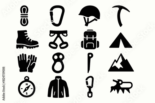 Essential mountaineering gear icons: rope, carabiner, helmet, backpack, compass, gloves