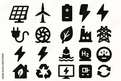 Set of renewable energy icons featuring solar, wind, and sustainability symbols