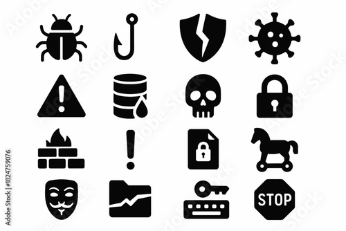 Cybersecurity threat icons: malware, phishing, data breach, firewall, encryption, trojan