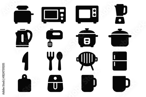 Black kitchen appliance icons: toaster, microwave, blender, kettle, mixer, rice cooker, grill, fridge