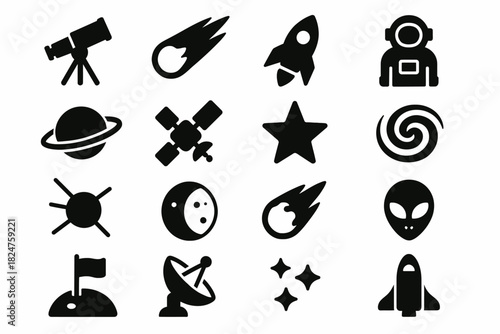 Space icons collection featuring telescope, rocket, and alien symbols