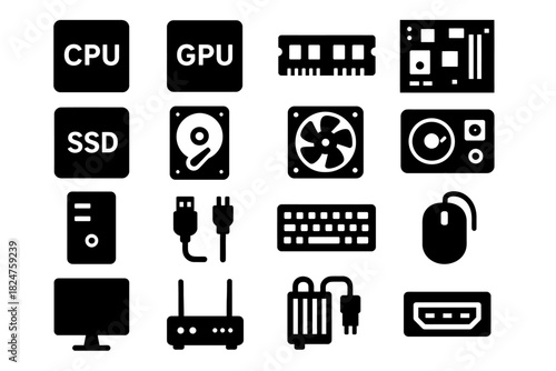 Computer hardware icons collection: cpu, gpu, ssd, and more