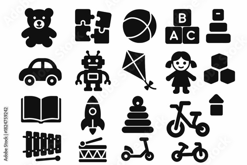 Silhouette icons of children's toys and games: bear, puzzle, ball, blocks, robot, kite, rocket, bicycle