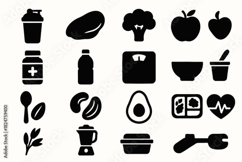 Collection of healthy food and fitness icons including blender, avocado, and weighing scale