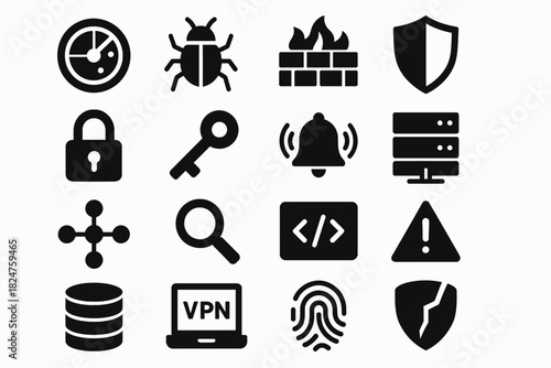 Cybersecurity icons: firewall, vpn, encryption, threat warning, network protection symbols