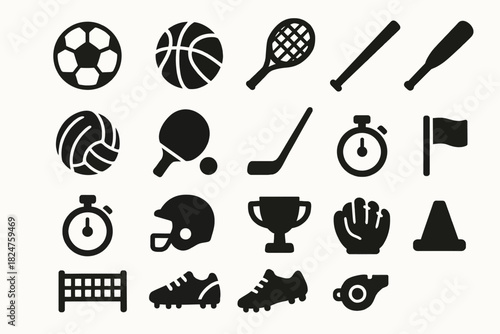 Collection of sports equipment silhouettes and icons