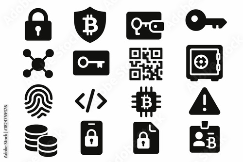 Cryptocurrency security icons: bitcoin, blockchain, safeguards, and access keys