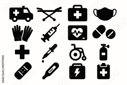 Medical icons set: ambulance, stretcher, first aid kit, mask, gloves, syringe, pills, heart monitor