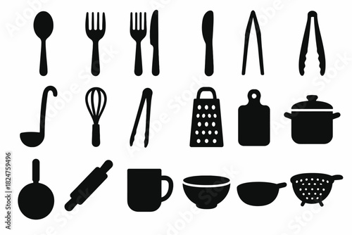 Silhouette kitchen utensils set: spoons, forks, tongs, and more
