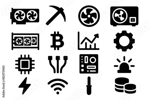 Cryptocurrency and blockchain technology icons: mining, bitcoin, hardware, and growth