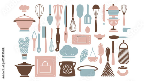 Kitchen utensil vector set with cooking tools, pots, and chef accessories in pastel colour illustration