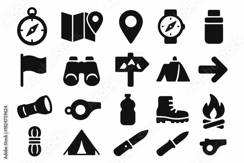 Camping and hiking icons: compass, map, tent, binoculars, campfire, knife