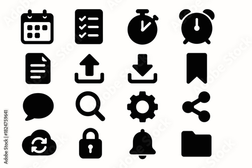 Set of black communication and productivity icons for digital use