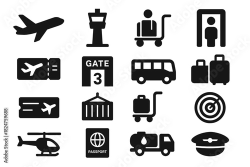 Travel and airport icons: airplane, luggage, passport, security, transportation