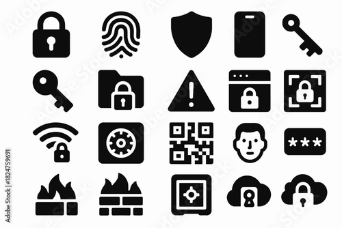 Security and privacy icons: locks, keys, fingerprint, firewall, qr, shield