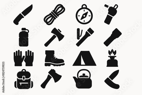 Essential camping gear silhouettes: knife, compass, tent, flashlight, backpack