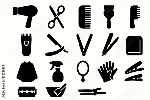 Hair salon tools: scissors, comb, hairdryer, razor, clippers, curling iron, mirror