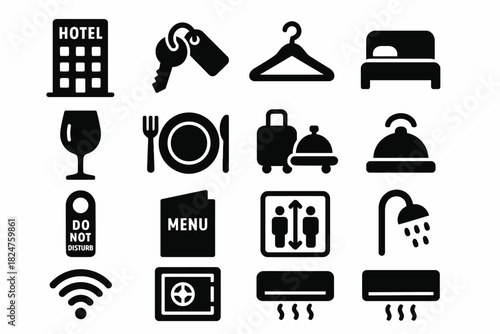 Icon set: hotel services and amenities collection including keys, bed, and dining