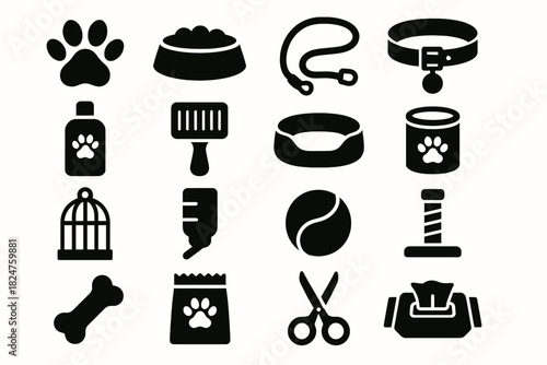 Pet care essentials icons: toys, grooming, feeding, and accessories in black silhouettes