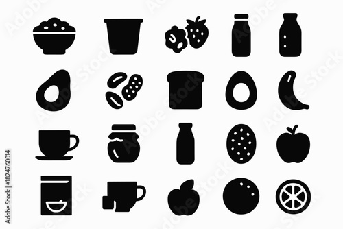 Variety of breakfast food and drink icons in silhouette style