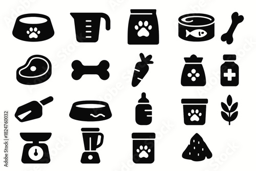 Pet icons collection: food, accessories, nutrition, and care symbols