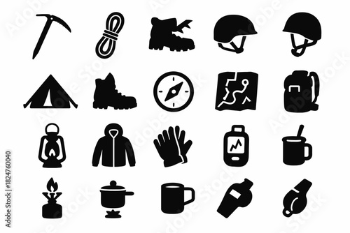 Essential camping icons: gear and equipment for outdoor adventure