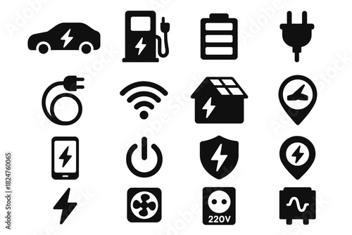 Electric vehicle and energy icons: charging, battery, solar power, connectivity symbols