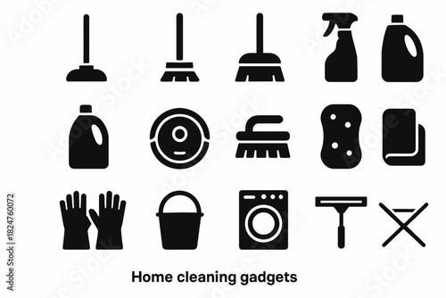 Home cleaning gadgets icons: plunger, broom, mop, spray, sponge, bucket, gloves