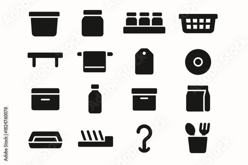 Set of black silhouette household icons for various containers and objects
