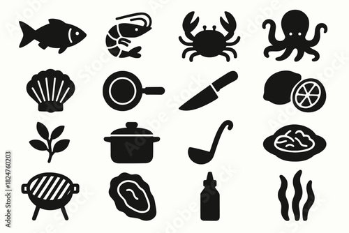 Seafood icons: fish, shellfish, cooking tools, and ingredients in bold silhouettes