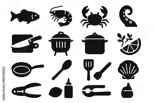 Seafood and utensil silhouettes: crab, shrimp, fish, and cooking tools collection