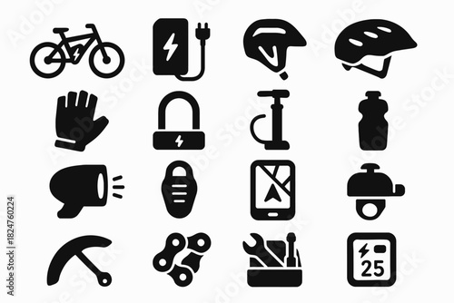 Bicycle icon set: helmet, lock, pump, tools, accessories for safe cycling