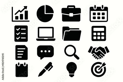 Business icons: charts, briefcase, calendar, laptop, folder, calculator, document