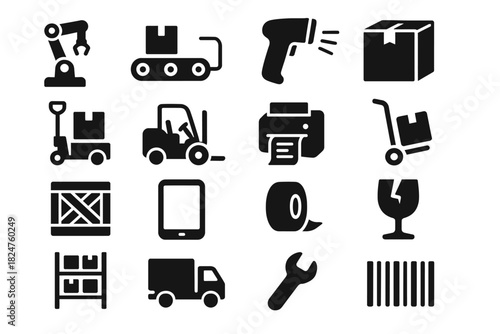 Warehouse and logistics icons: tools, transport, and packing symbols collection