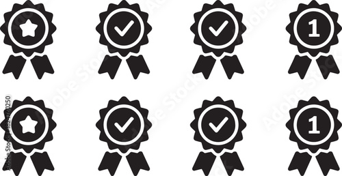 Eight black award rosette icons with star checkmark and number 1 Keywords: award, rosette, ribbon