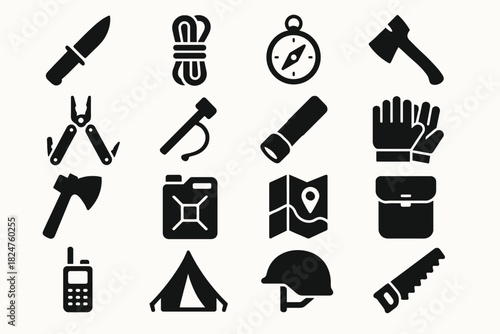 Icons of camping equipment: knife, compass, flashlight, tent, map, axe, helmet