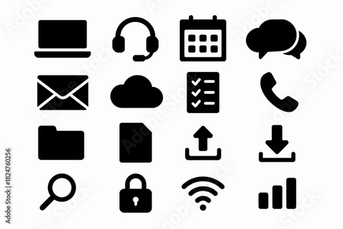 Communication and technology icon set featuring gadgets and tools