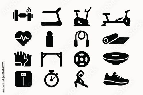 Fitness equipment icons: dumbbells, treadmill, exercise bike, yoga mat, stopwatch, sneakers