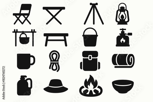 Essential camping gear icons featuring chairs, tables, and lanterns