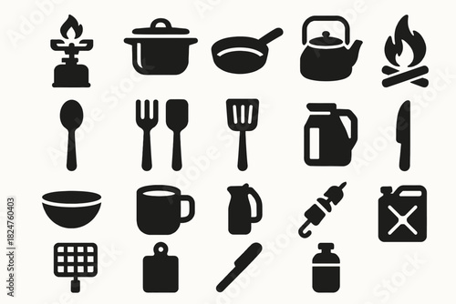 Collection of cooking and camping icons: stove, pot, pan, kettle, spoon, knife