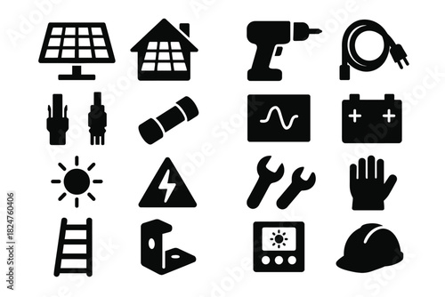 Renewable energy symbols: solar, tools, safety equipment, battery, and circuit icons