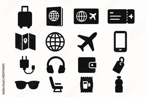 Travel silhouette icons: luggage, passport, tickets, and more essentials