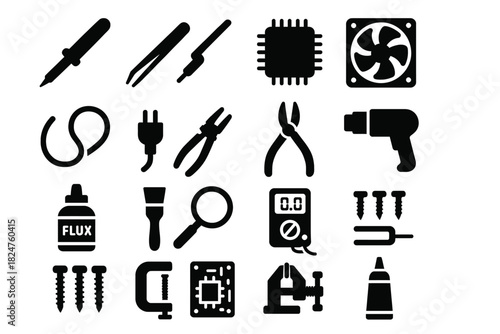 Electronic repair tools icons: soldering, pliers, circuit, fan, drill