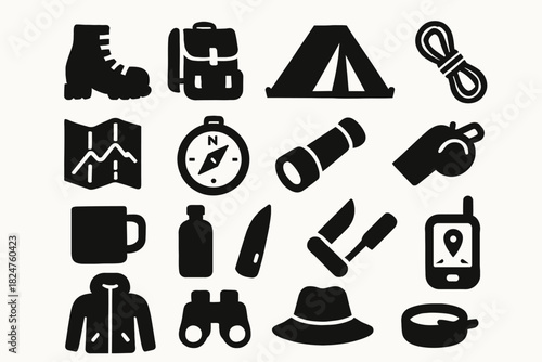 Camping gear icons collection: backpack, tent, boots, map, compass, binoculars, hat, travel essentials