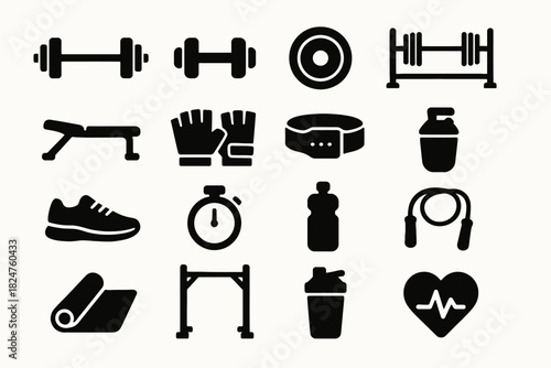 Fitness equipment icons: dumbbells, bench, stopwatch, water bottle, heart rate