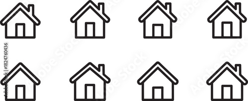 Eight simple house outline icons in two rows on white background home building