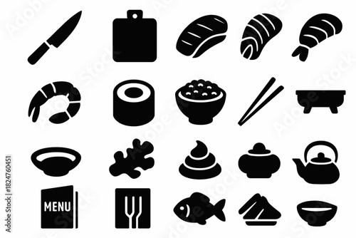 Sushi icons collection: knife, sushi rolls, chopsticks, soy sauce, teapot