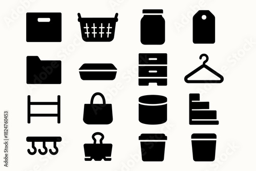 Collection of various black silhouette icons for storage and organization